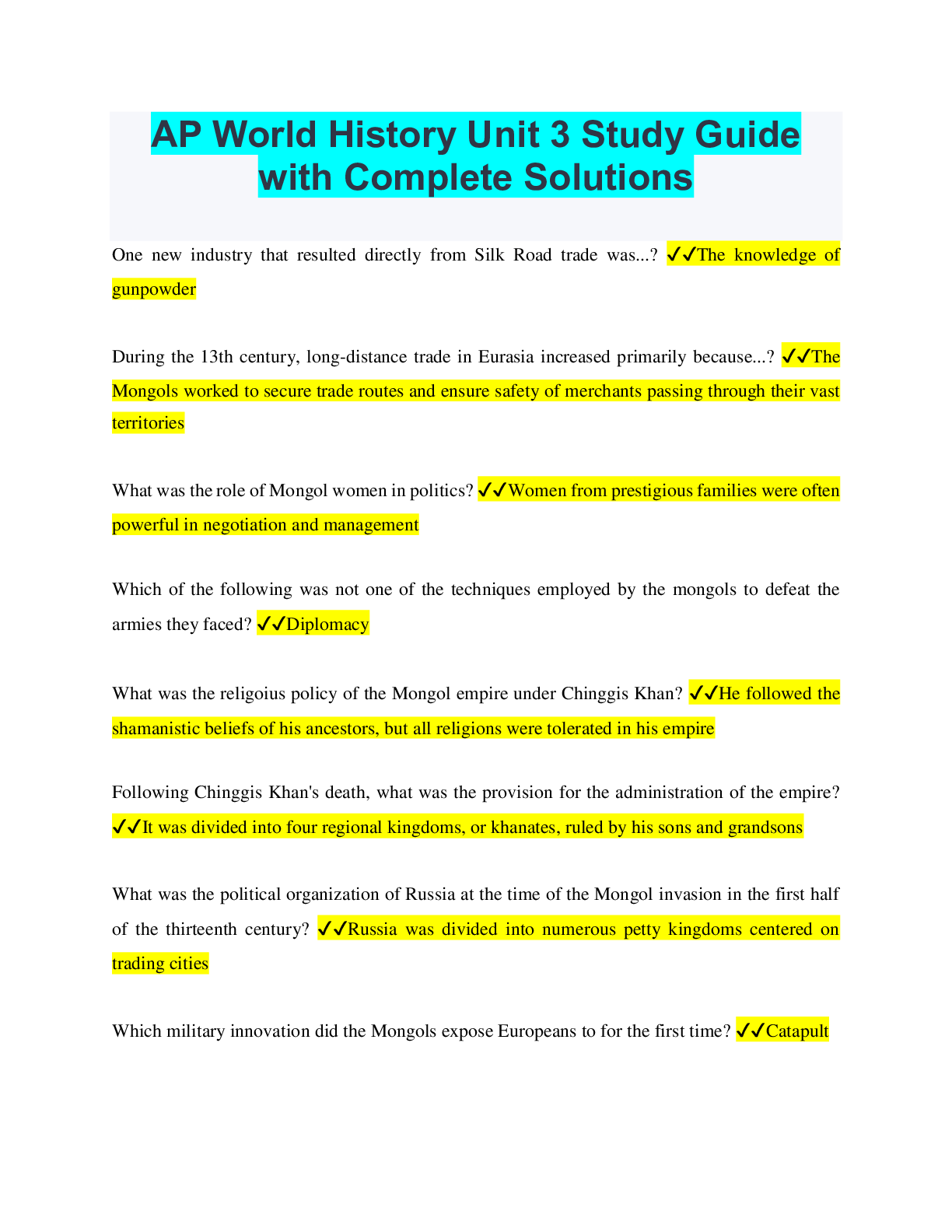Preview of AP World History Unit 3 Study Guide with Complete Solutions